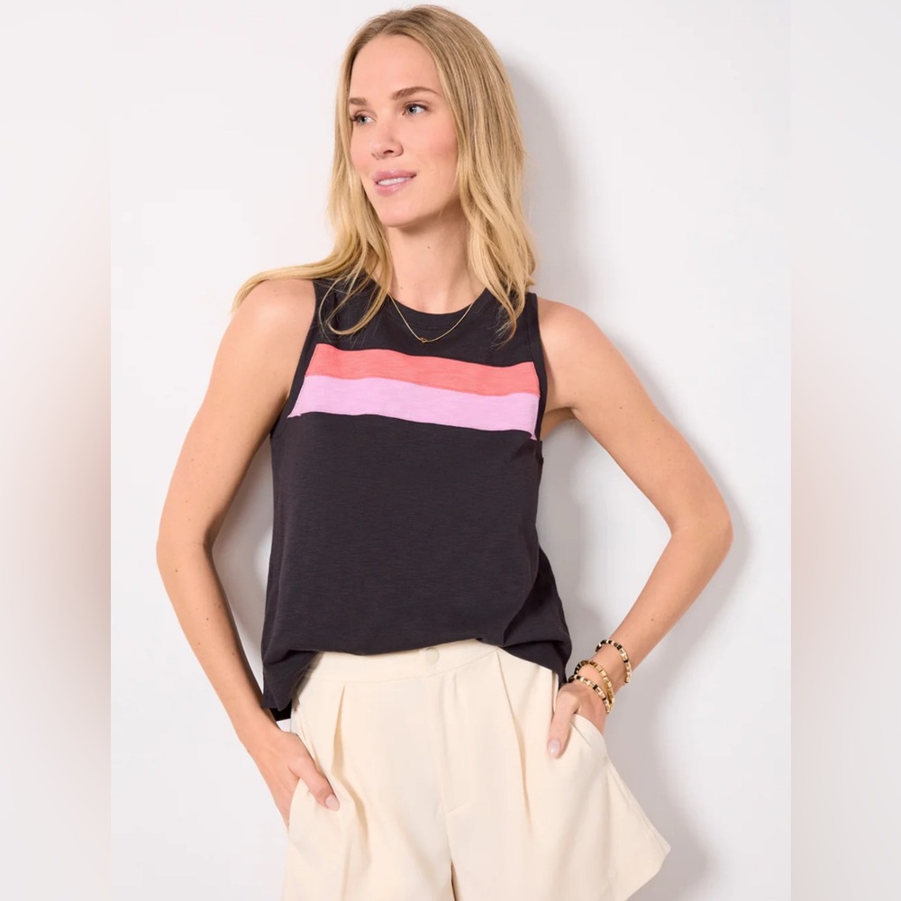 NWT Evereve Porter Stripe Tank, Black with Coral / Lilac / Pink, Size Medium